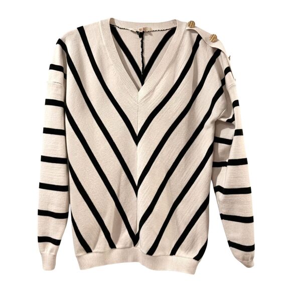 Mazik Striped V-Neck Sweater w/ Gold Buttons - Size Small - Picture 2 of 10